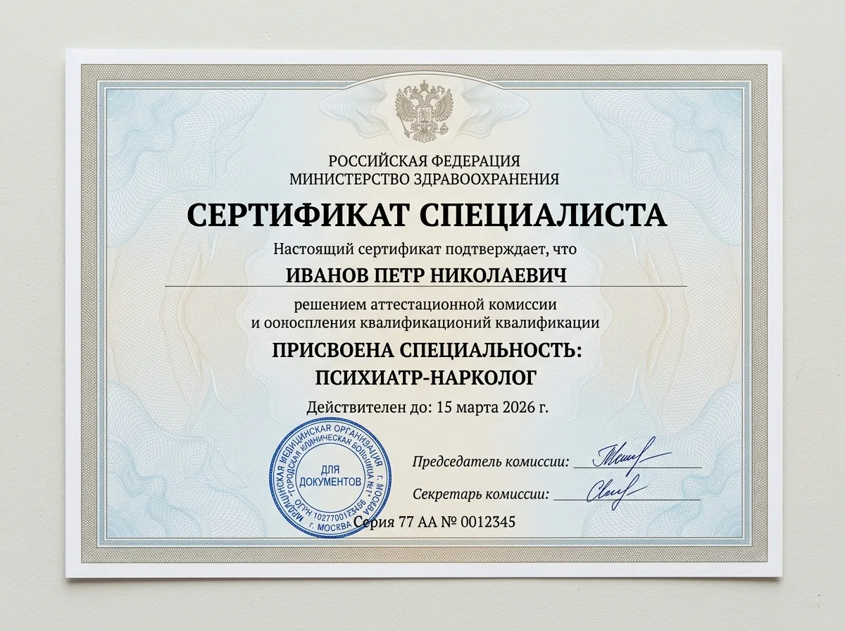 Сертификат специалиста нарколога-психиатра с печатью медицинской организации, профессиональный документ на светлом фоне